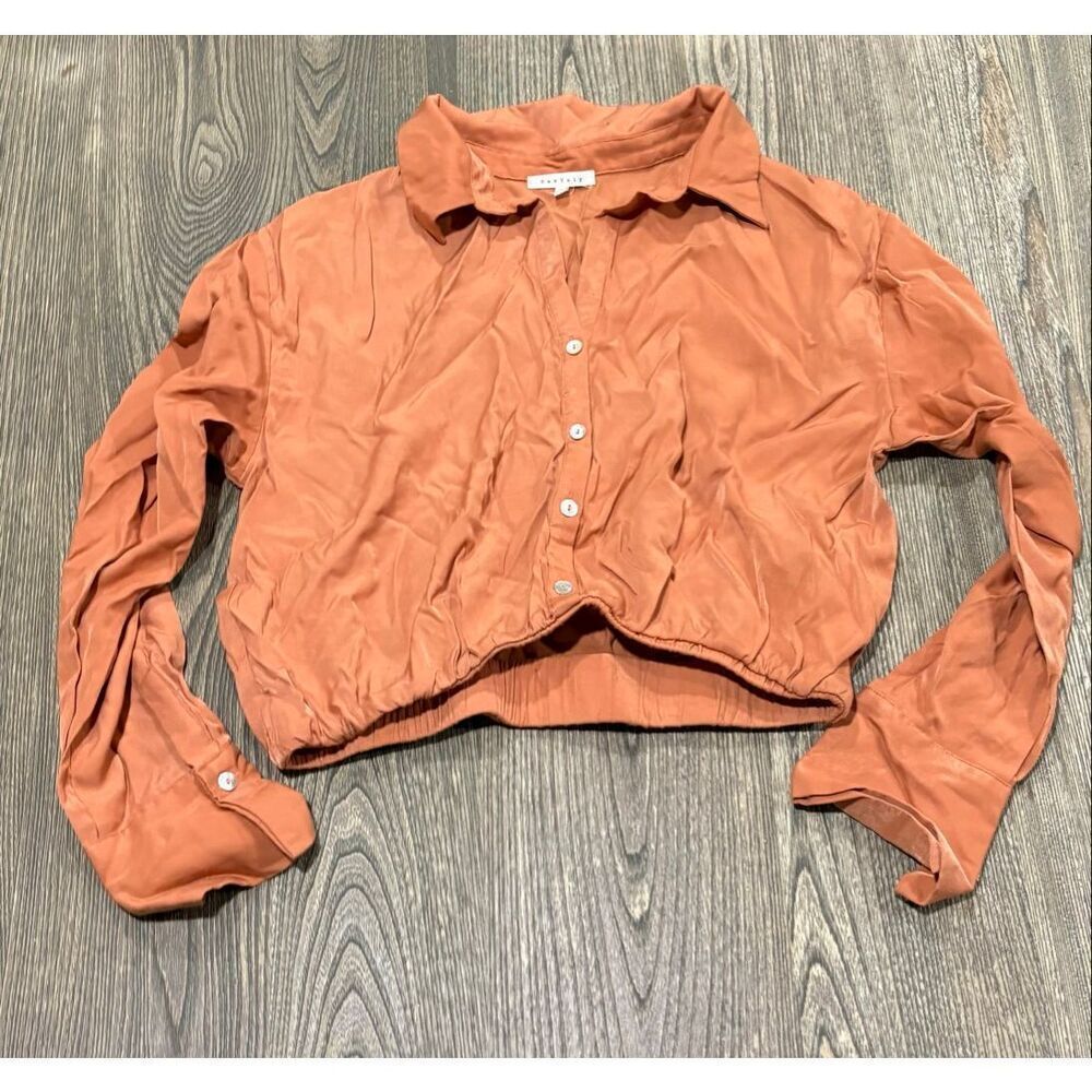BaeVely Cropped Top Button-Up Long Sleeve Collared Elastic Hem Copper Size M